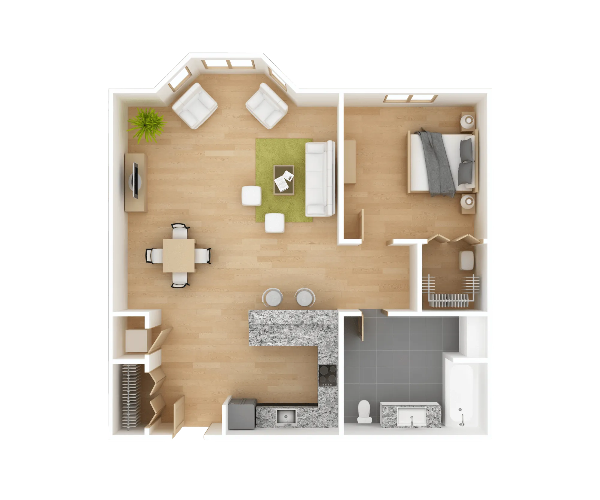 A detailed floor plan of a small home (1 bedroom, 1 bathroom)